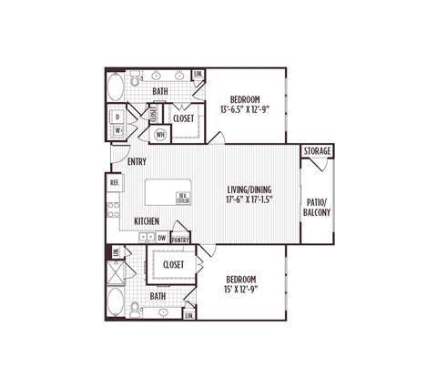 Floor plan for 2 beds, 2 baths, 1343 sqft